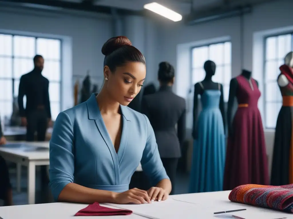 Inspiradora colaboración de estudiantes de moda en estudio creativo Grupo diverso de estudiantes de diseño de moda trabajando en colaboración en un estudio lleno de telas coloridas y tecnología de vanguardia