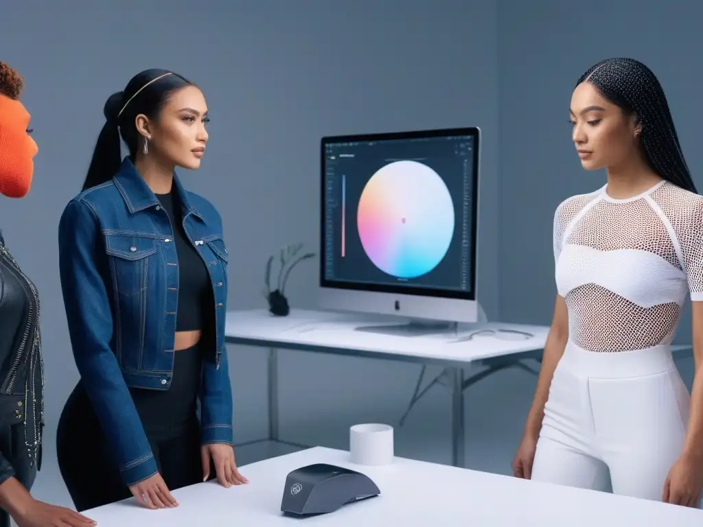 Estudio de moda inclusiva: diversidad y creatividad en 8k Grupo diverso de estudiantes de moda creando juntos en un estudio futurista
