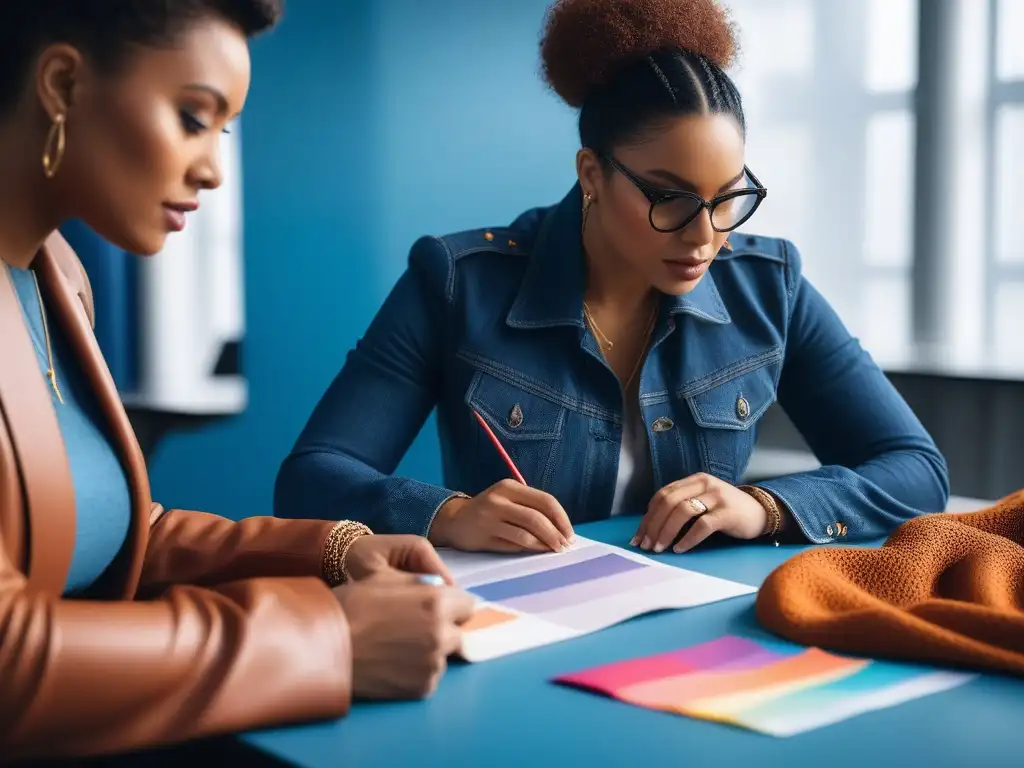 Diversidad creativa: moda y pasión en el aula Grupo diverso de estudiantes de diseño de moda colaborando con pasión en un aula moderna y colorida, transmitiendo inclusividad y creatividad