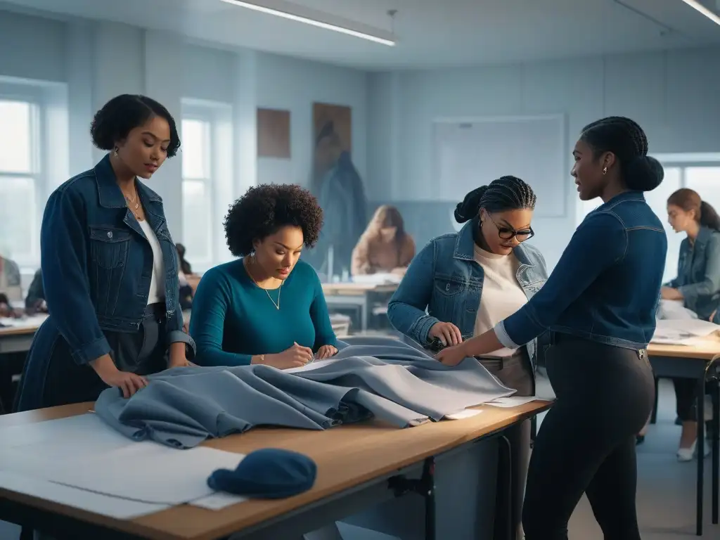 Inspiradora diversidad en aula de moda: estudiantes crean juntos Un grupo diverso de estudiantes de diseño de moda, de diferentes tipos de cuerpo, colaborando en un proyecto creativo en un aula moderna y luminosa