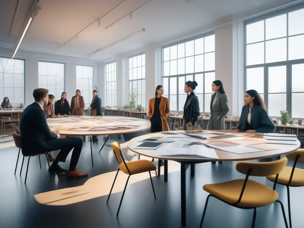 Círculo creativo: estudiantes de moda diversos y apasionados Grupo diverso de estudiantes de moda discutiendo en aula luminosa