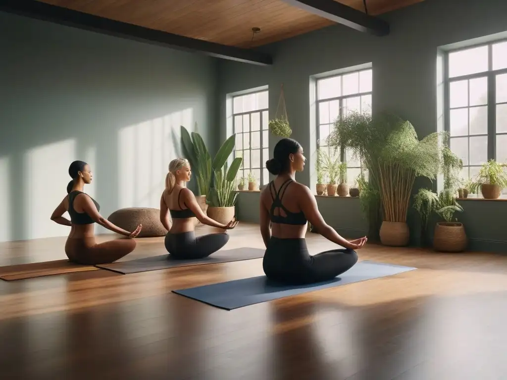 Práctica de yoga diversa y serena en estudio luminoso Un grupo diverso practica yoga en armonía en un estudio sereno y soleado, ideal para tratamientos belleza holísticos diversidad cuerpos