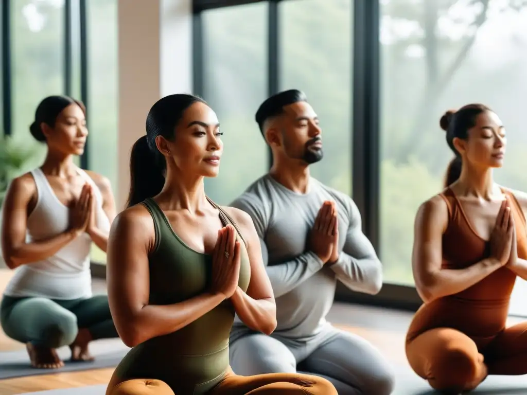 Armonía de yoga: diversidad y serenidad en estudio luminoso Un grupo diverso practica yoga en un estudio tranquilo, resaltando la unidad de mente, cuerpo y espíritu