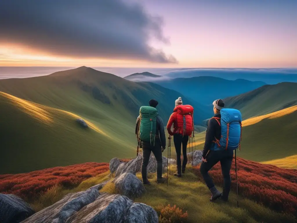 Unión en la cumbre: diversidad y alegría al amanecer Grupo diverso de excursionistas en cima de montaña al amanecer, unidos por moda outdoor inclusiva para todos