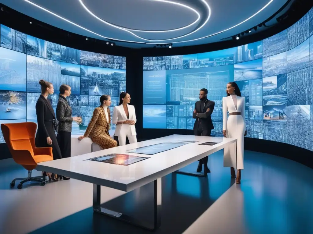 Cumbre de moda: expertos creativos en mesa futurista Un grupo diverso de expertos en moda se reúne en una mesa futurista, rodeados de tecnología y bocetos