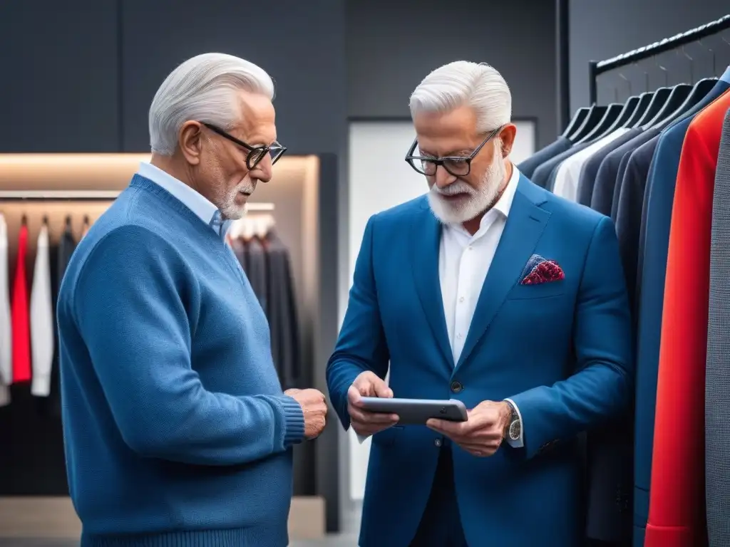 Personas mayores exploran tienda de ropa online con confianza y diversidad Un grupo diverso de seniors felices explorando una tienda de ropa online, descubriendo sus looks ideales