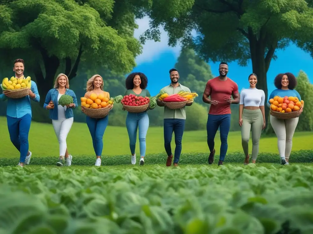 Vitalidad y salud: personas felices disfrutando de la naturaleza y alimentos saludables Un grupo diverso y feliz disfrutando de actividades al aire libre con frutas y verduras coloridas