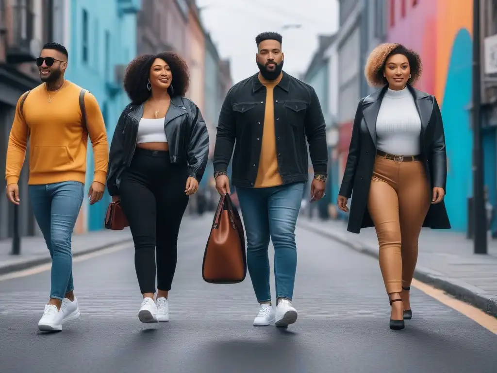 Zapatos adaptativos: diversidad y estilo en la ciudad Un grupo diverso y feliz camina por la ciudad con zapatos adaptativos para todos cuerpos, reflejando personalidades únicas