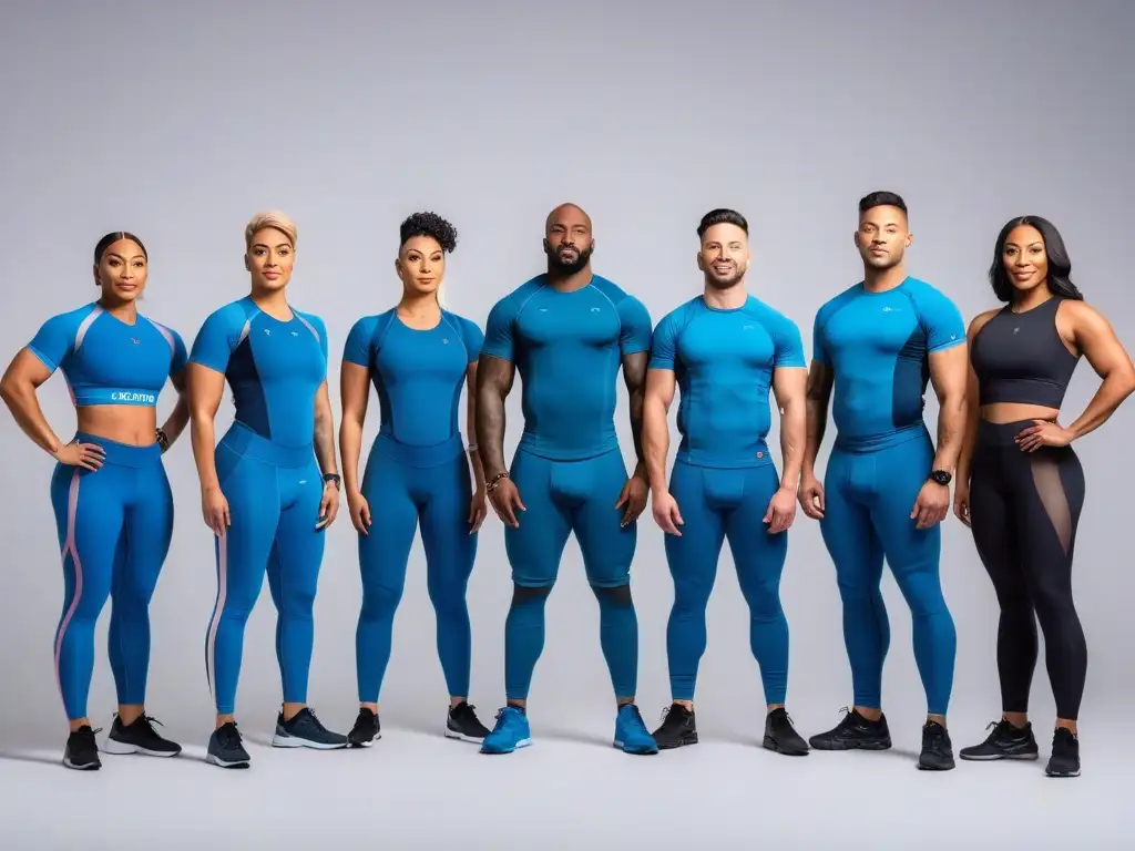 Orgullo trans: diversidad y empoderamiento Un grupo diverso y feliz de personas transgénero, seguras y orgullosas, vistiendo prendas de compresión en un ambiente moderno y minimalista