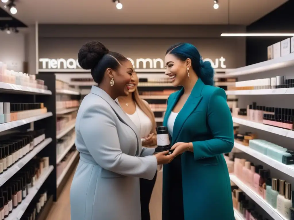 Compra de productos veganos en tienda de belleza inclusiva Un grupo diverso elige feliz productos belleza veganos tallas petite en tienda moderna
