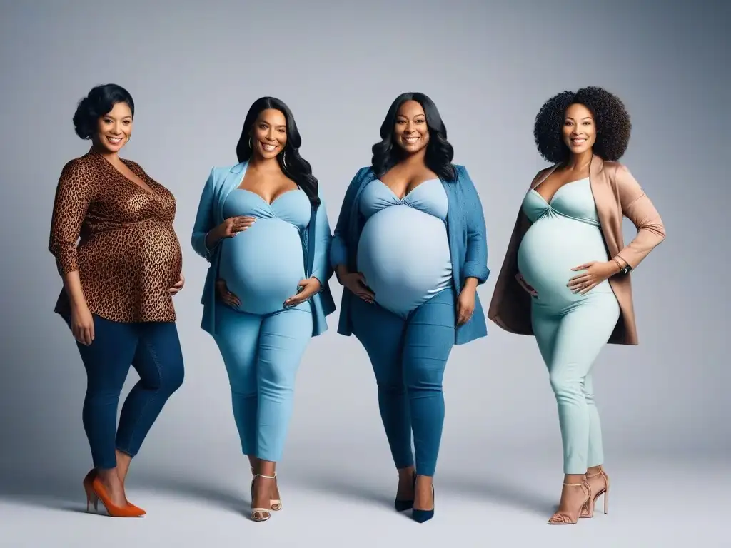 Moda maternal inclusiva: Celebrando la diversidad de futuras mamás Un grupo diverso de futuras mamás sonrientes, luciendo orgullosas sus barrigas, vistiendo moda maternal inclusiva en un entorno moderno y minimalista