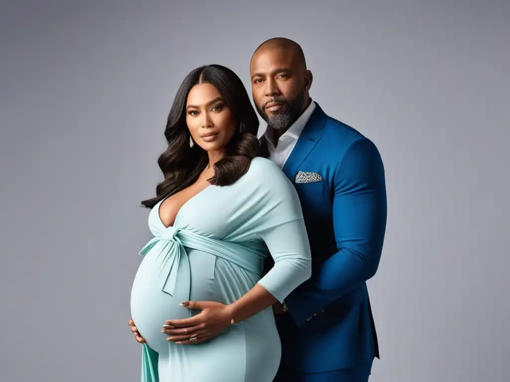 Moda paternal inclusiva: padres gestantes en diversidad de estilos Un grupo diverso de futuros padres, seguros y a la moda en ropa maternal inclusiva, en un estudio moderno