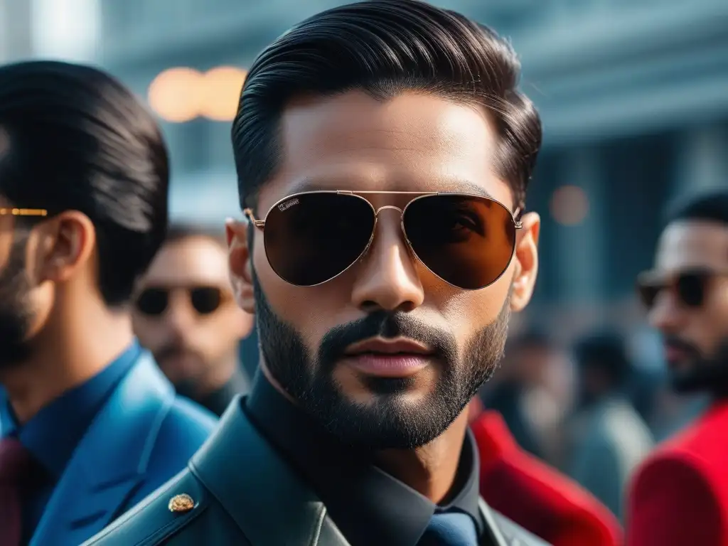 Sunglasses de lujo: perfectos para cada forma de rostro Un grupo diverso con gafas de sol para diferentes tipos de rostros, exhibiendo elegancia y estilo en un entorno moderno