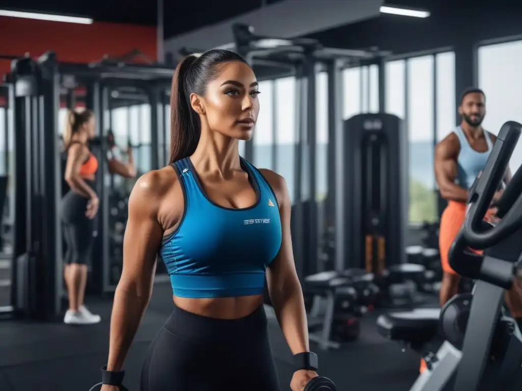 Entrenamiento premium en gimnasio de vanguardia: diversidad y determinación Un grupo diverso se entrena con determinación en un gimnasio premium