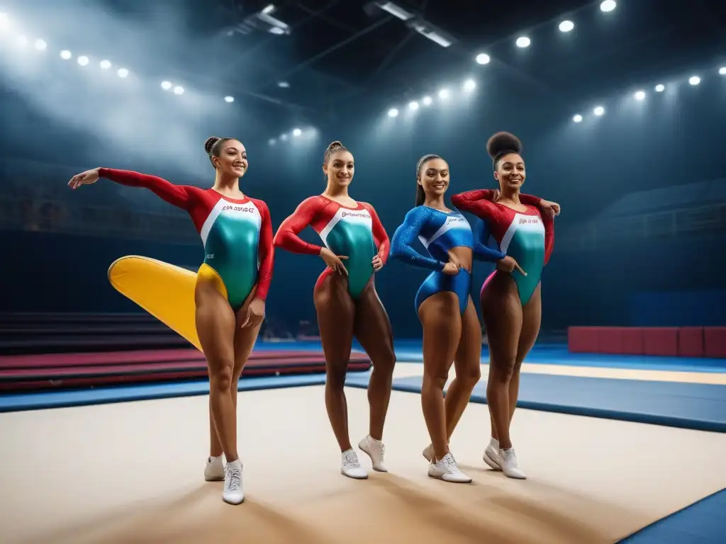 Gimnasio inclusivo: diversidad de gimnastas en leotardos coloridos Un grupo diverso de gimnastas practica juntos en un gimnasio inclusivo, vistiendo leotardos coloridos y únicos