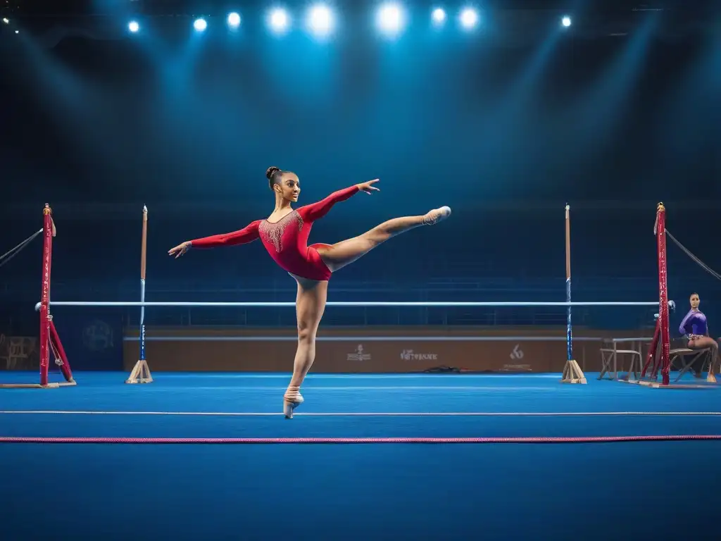 Gimnasia para todos: Diversidad, fuerza y gracia en leotardos vibrantes Un grupo diverso de gimnastas en leotardos vibrantes realiza poses dinámicas en una pista iluminada, transmitiendo fuerza, gracia e inclusividad