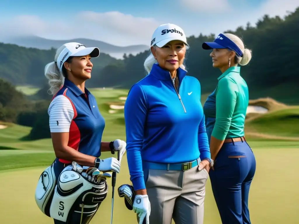 Grupo diverso de golfistas unidos en un campo de golf Un grupo diverso de golfistas en un campo de golf, unidos y felices, vistiendo ropa moderna y elegante