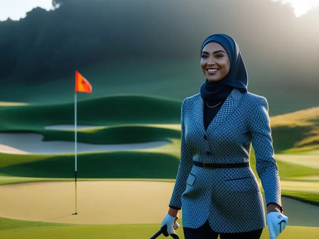 Unidad y diversidad en el golf: inclusividad en acción Grupo diverso de golfistas sonrientes y unidos en un campo verde, representando la inclusividad en el golf