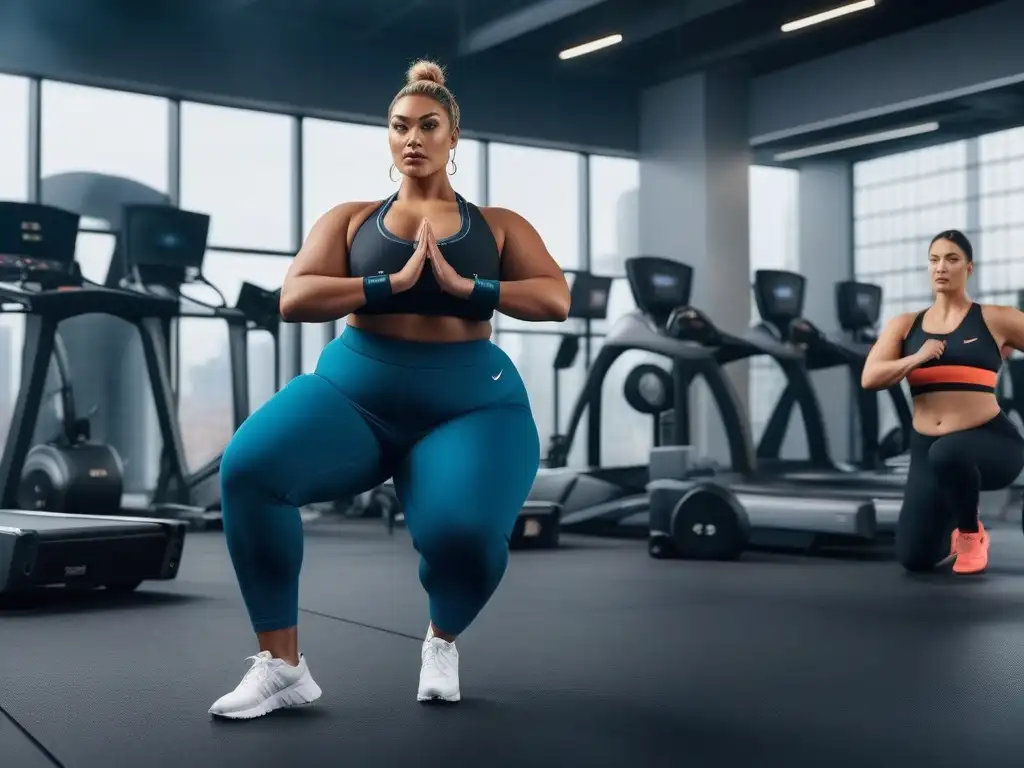 Moda fitness plus size: empoderamiento y estilo en el gimnasio Grupo diverso en gym con wearables fitness para tallas especiales, mostrando fuerza y estilo