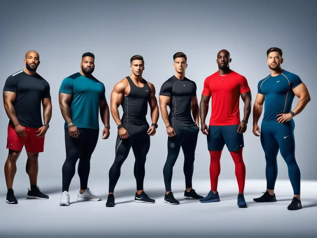 Estilo athleisure para todos: hombres atléticos en acción Grupo diverso de hombres atléticos usando ropa athleisure en un gimnasio moderno