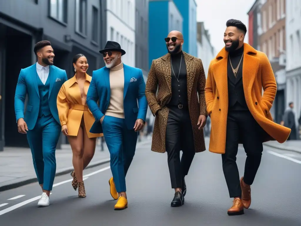Poderosa diversidad en calzado urbano inclusivo Grupo diverso de hombres con calzado masculino inclusivo caminando en la ciudad, mostrando unidad y diversidad en la moda