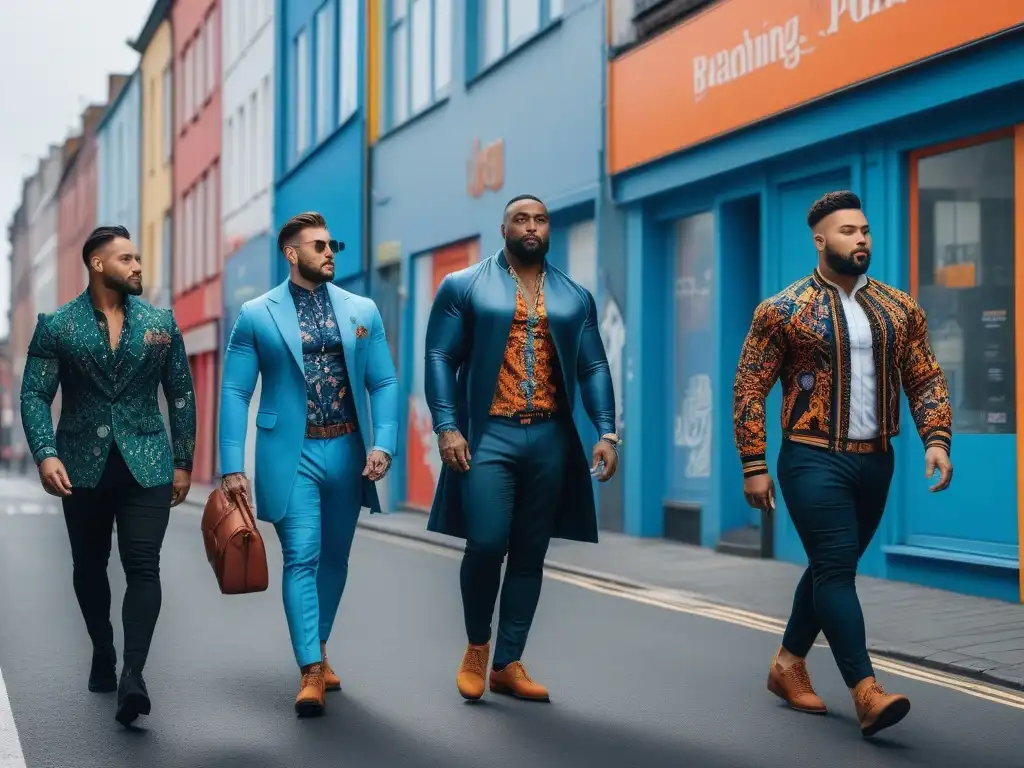 Estilo inclusivo: hombres diversos en la ciudad Un grupo diverso de hombres camina por la ciudad, luciendo moda masculina inclusiva con patrones y texturas únicas