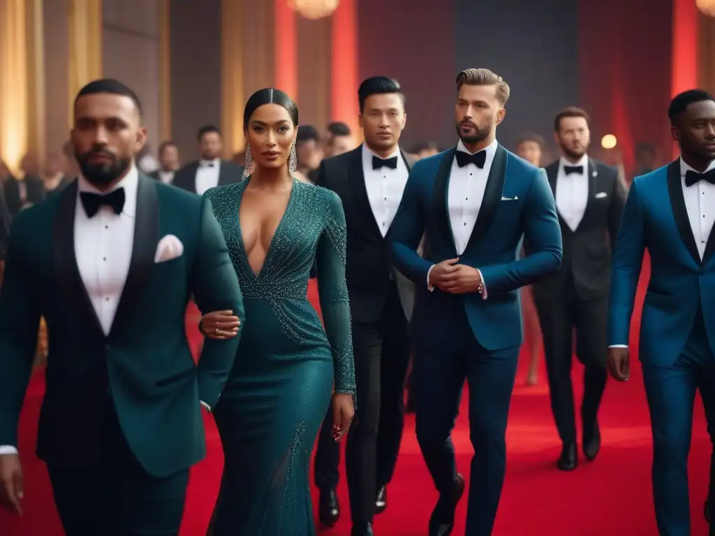 Desfile de moda inclusivo: hombres seguros en alfombra roja Un grupo diverso de hombres camina con confianza por la alfombra roja en un evento formal, luciendo moda masculina inclusiva