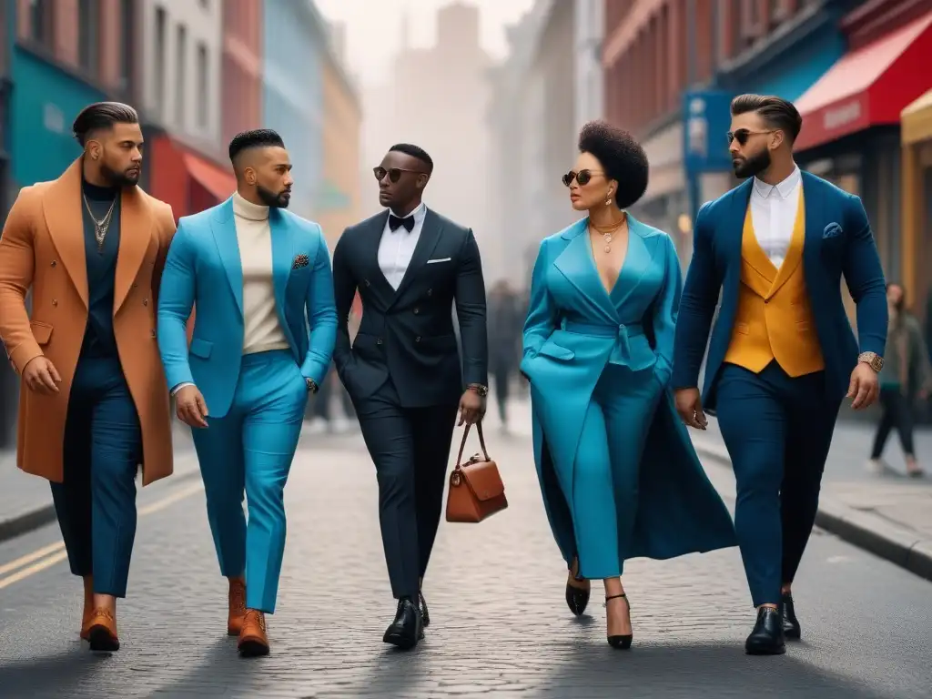 Moda inclusiva: hombres diversos y seguros en la ciudad Un grupo diverso de hombres camina con confianza por la ciudad luciendo moda masculina inclusiva que refleja su estilo único