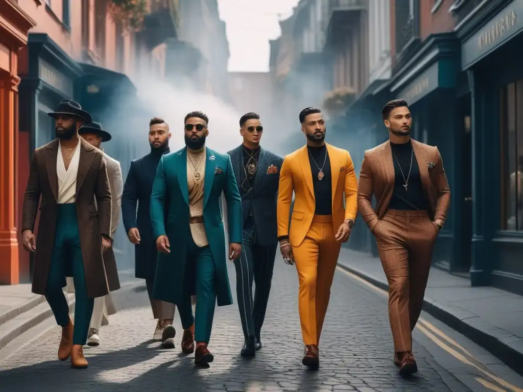 Moda inclusiva para hombres: diversidad cultural en la ciudad Un grupo diverso de hombres de diferentes culturas camina con confianza por la ciudad luciendo moda masculina inclusiva