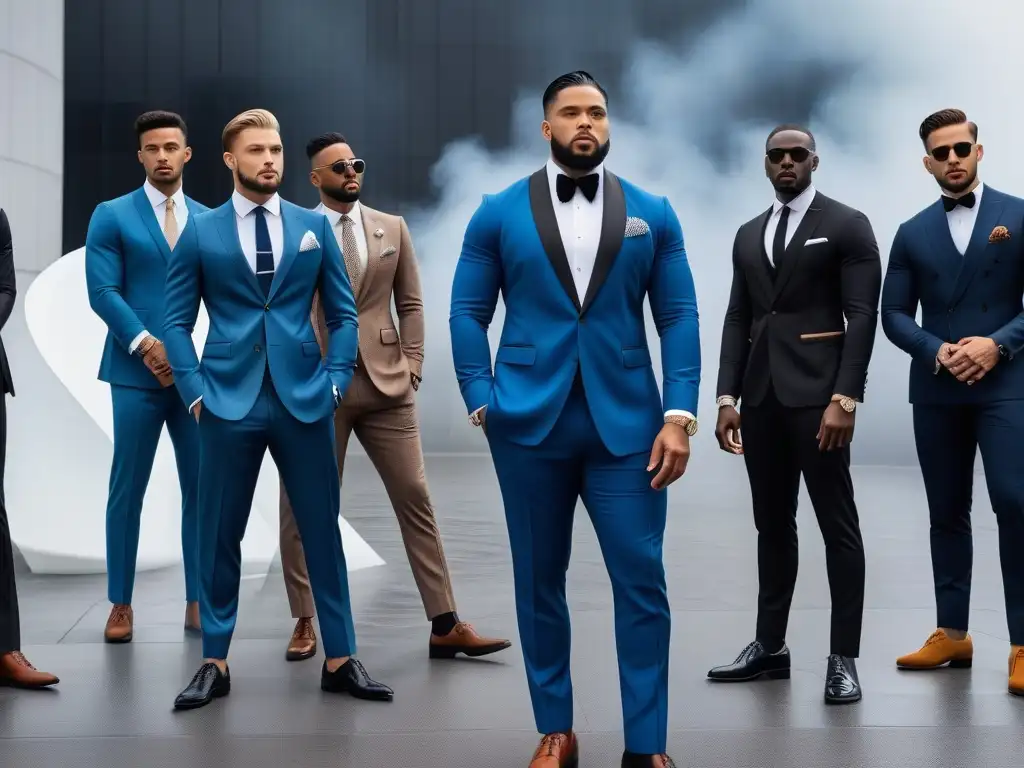 Diversidad y elegancia en trajes de hombre: unidos en estilo Un grupo diverso de hombres elegantes y seguros, unidos frente a un fondo arquitectónico moderno