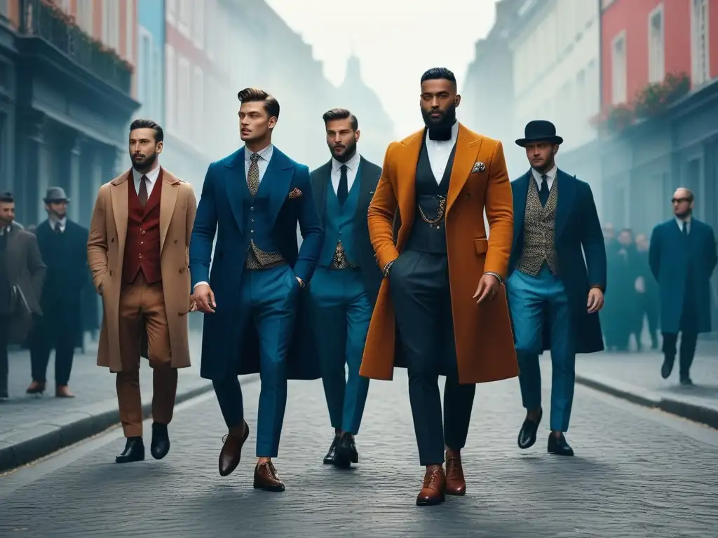 Moda masculina multicultural en Europa: estilo inclusivo y sofisticado Un grupo diverso de hombres elegantes de diferentes culturas caminan juntos por una bulliciosa calle europea, fusionando moda tradicional y moderna