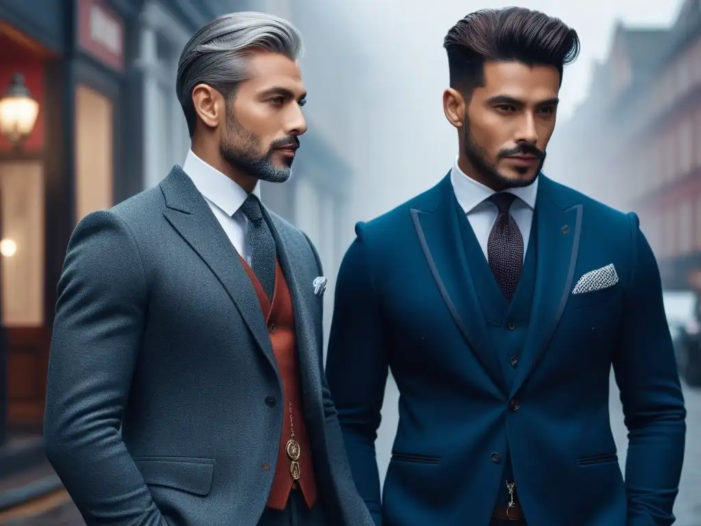 Elegancia inclusiva: hombres sofisticados en moda clásica y urbana Un grupo diverso de hombres elegantes en un entorno urbano moderno, representando la moda masculina inclusiva clásicos tendencia
