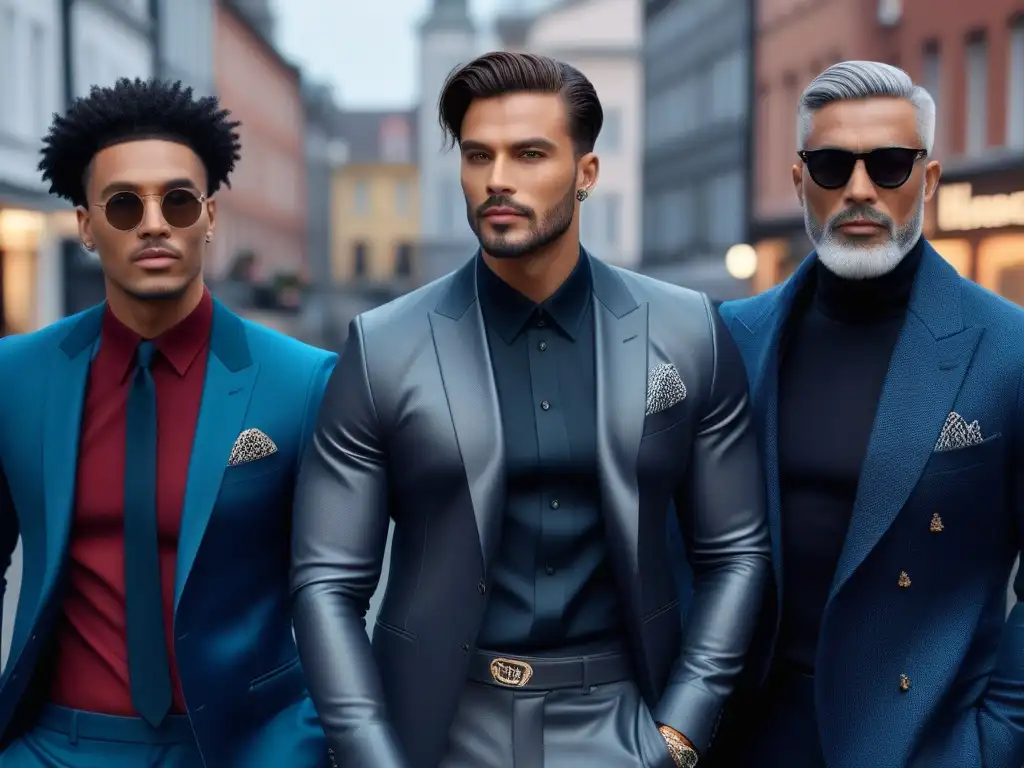 Moda inclusiva: Hombres seguros y diversos en atuendos trendy Un grupo diverso de hombres con estilo y confianza posan en outfits inclusivos en un entorno urbano