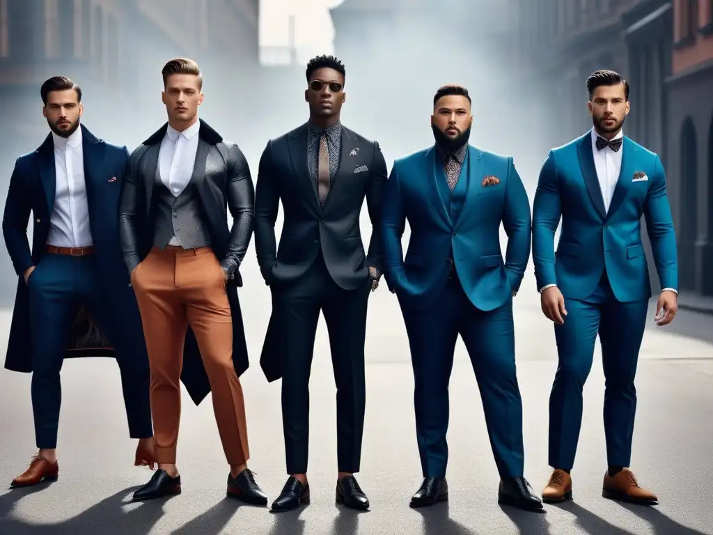 Moda masculina diversa: hombres estilosos en atuendos inclusivos Grupo diverso de hombres con estilo único y variado, reflejando moda inclusiva