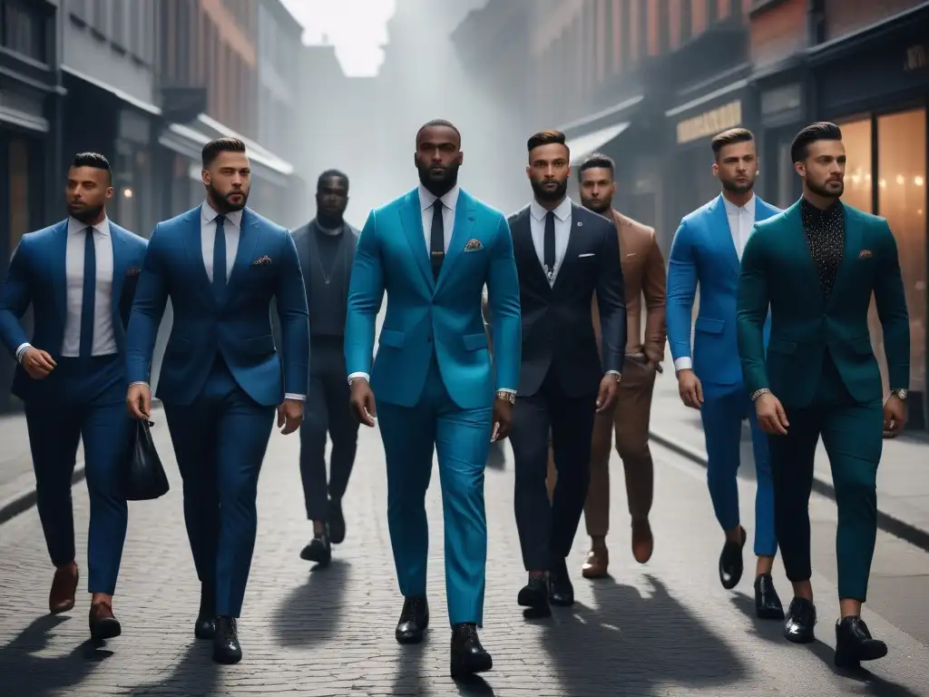 Moda inclusiva: hombres diversos desfilando con estilo Un grupo diverso de hombres con estilo camina por la ciudad, luciendo moda masculina inclusiva y diversa