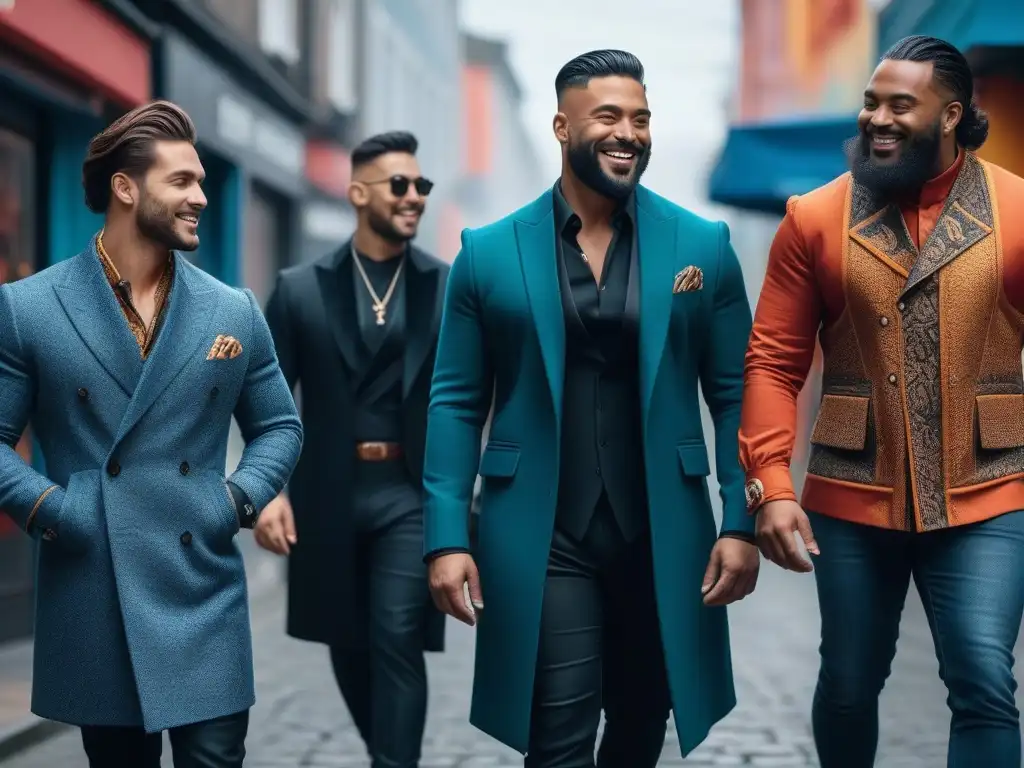 Moda inclusiva: hombres diversos desafían estereotipos en la ciudad Un grupo diverso de hombres con estilo desfilando moda masculina inclusiva y diversa en una calle vibrante de la ciudad