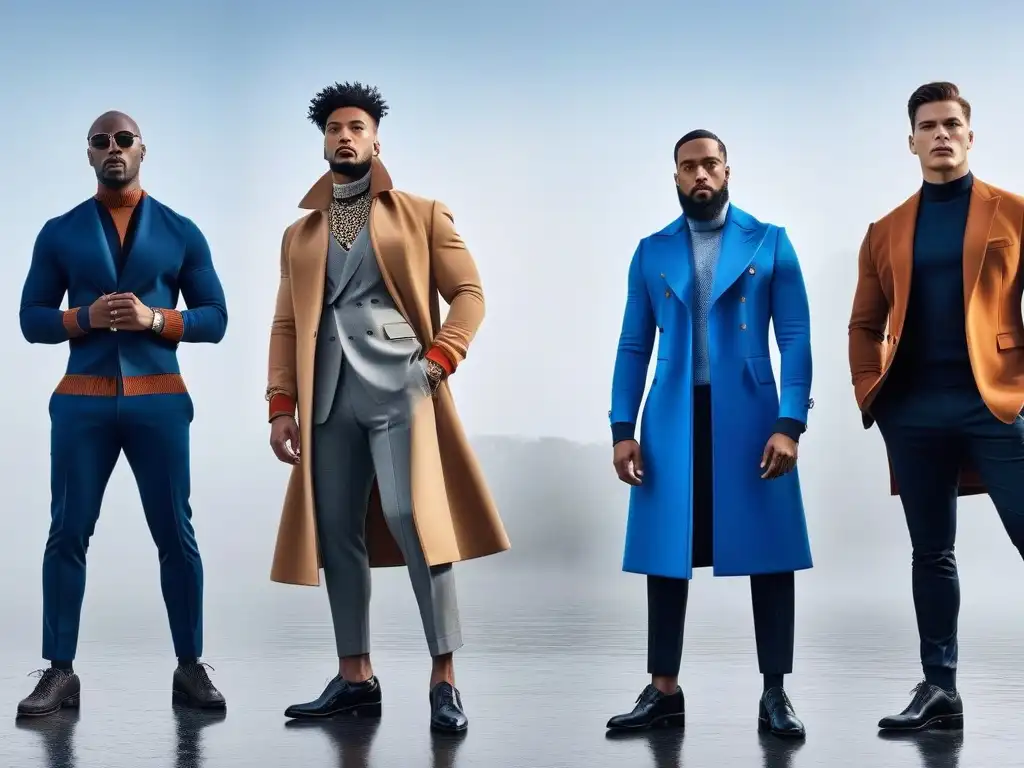 Moda masculina inclusiva: hombres modernos en diseños vanguardistas Un grupo diverso de hombres con estilo muestra moda masculina inclusiva en un entorno urbano futurista