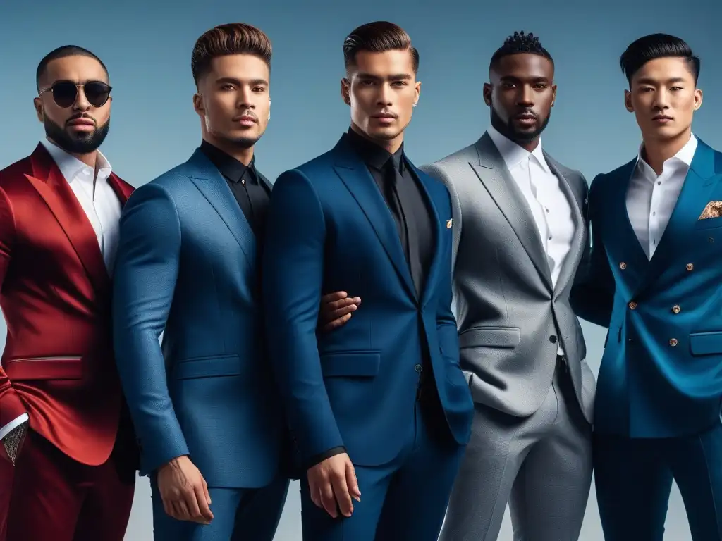 Estilo inclusivo: hombres diversos en moda urbana Un grupo diverso de hombres con estilo posa con confianza en atuendos inclusivos, en un ambiente urbano