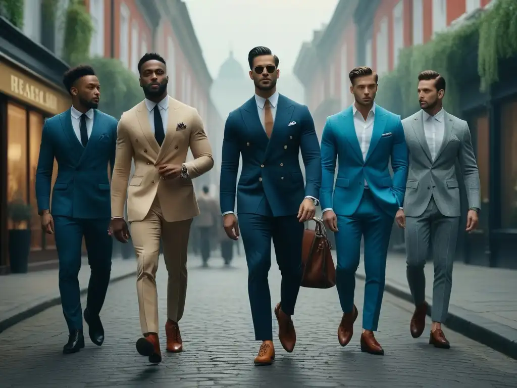 Estilo diverso y seguro: hombres modernos caminando por la ciudad Un grupo diverso de hombres con estilo camina por la ciudad, fusionando lo clásico y lo contemporáneo