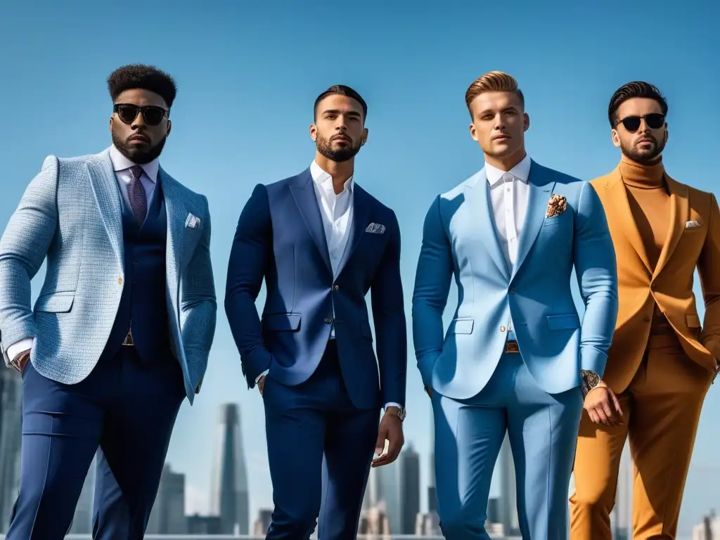 Estilos masculinos diversos en la ciudad Un grupo diverso de hombres con estilo y confianza en ropa de moda y trajes a medida, en un entorno urbano contemporáneo