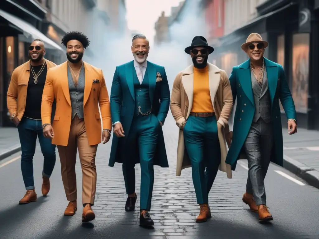 Desfile de estilo: hombres diversos y seguros en la ciudad Un grupo diverso de hombres con estilo pasea seguros por la ciudad, celebrando la moda masculina inclusiva diversidad estilo