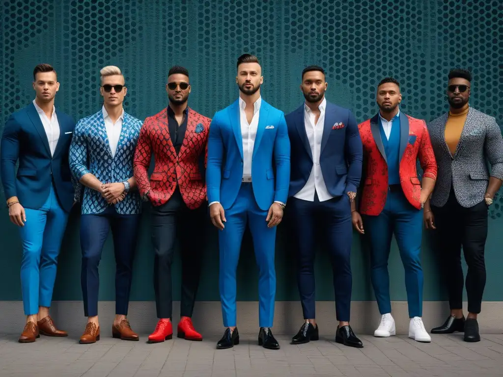 Estilo urbano diverso y audaz: hombres seguros con outfits únicos Un grupo diverso de hombres con estilo y confianza luciendo mezcla de patrones y texturas en moda masculina inclusiva, en un escenario urbano moderno