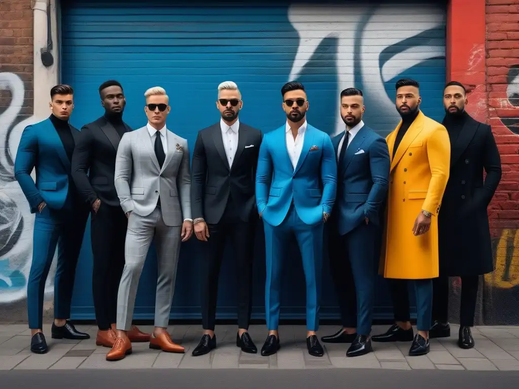 Estilo y diversidad: hombres seguros luciendo moda inclusiva Un grupo diverso de hombres estilosos de diferentes edades y etnias, luciendo atuendos modernos y seguros, en un ambiente urbano vibrante