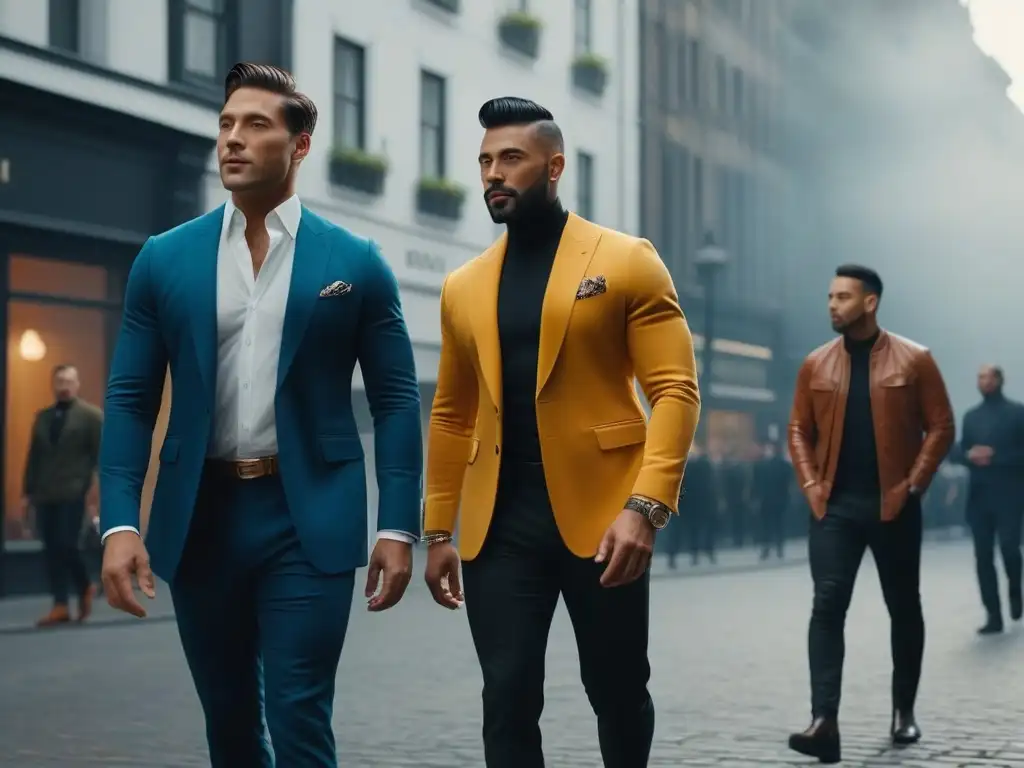 Estilo masculino diverso y moderno en la ciudad Un grupo diverso de hombres camina juntos por la ciudad, luciendo moda masculina inclusiva