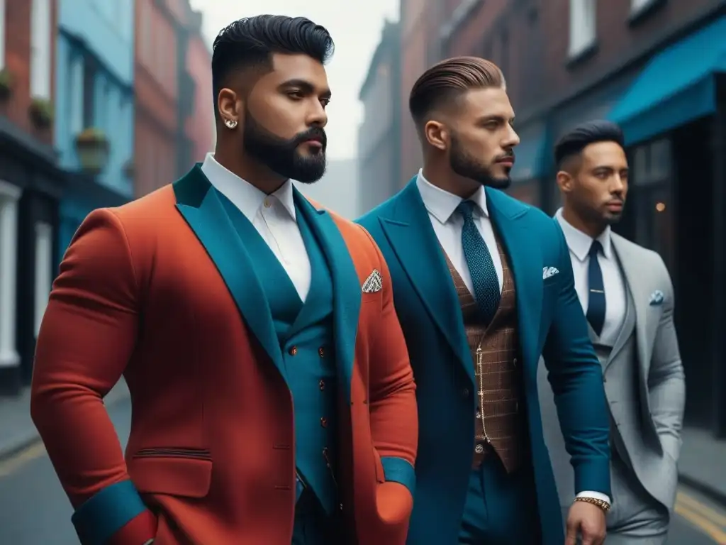 Moda masculina inclusiva: diversidad de estilos y tendencias Un grupo diverso de hombres muestra moda inclusiva para hombres: marcas en outfits modernos y únicos en un entorno urbano vibrante