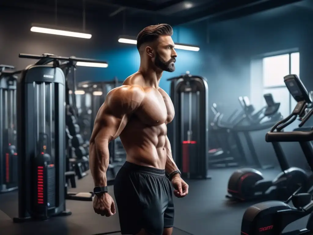Transformación física masculina en gimnasio moderno de alta intensidad Un grupo diverso de hombres se ejercita en un moderno gimnasio, destacando la inclusividad y empoderamiento en la búsqueda de transformación física