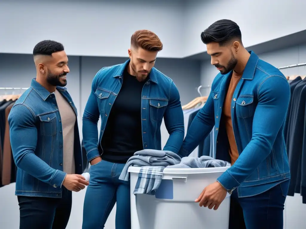 Estilo inclusivo: hombres modernos cuidando su ropa con ecoamigables Un grupo diverso de hombres modernos y elegantes, lavando y ordenando su ropa con estilo en un lavadero minimalista