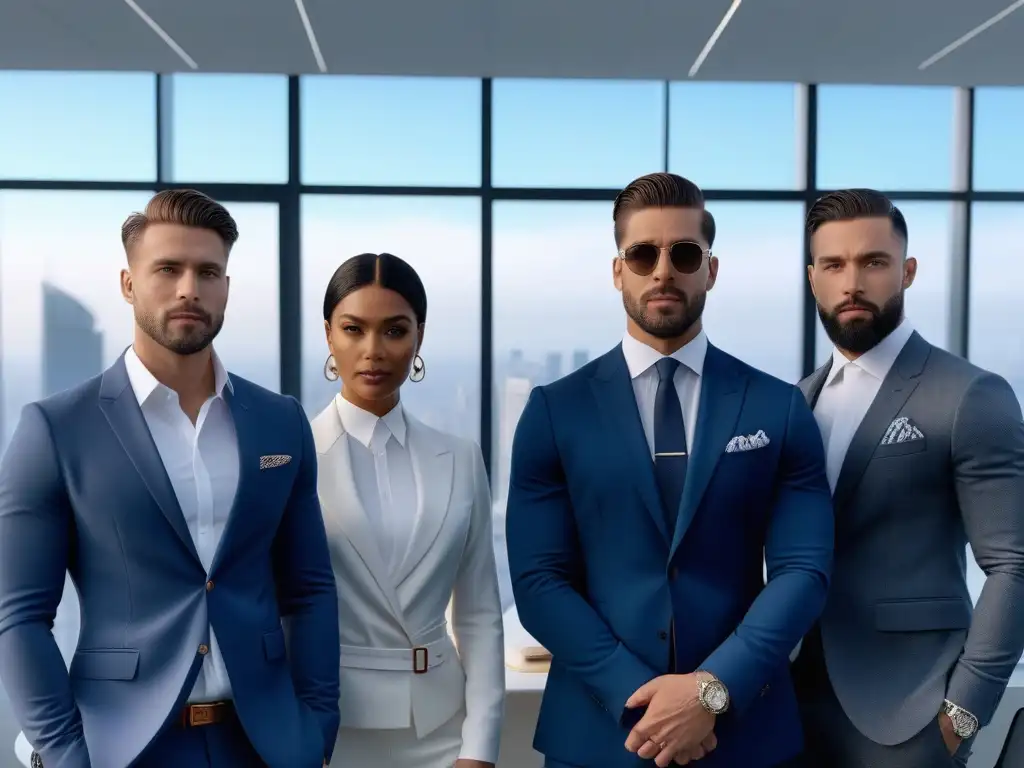 Diversidad y estilo en moda masculina para el trabajo Un grupo diverso de hombres profesionales viste con estilo inclusivo en una oficina moderna