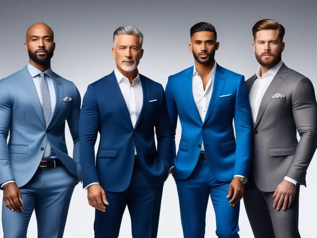 Hombres profesionales diversos en oficina moderna y elegante Un grupo diverso de hombres profesionales, elegantes y seguros, representando la moda masculina inclusiva para trabajo