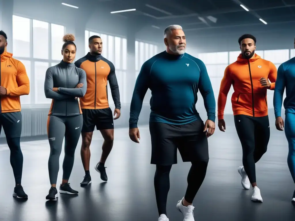Sportswear inclusivo: hombres diversos en acción Un grupo diverso de hombres en ropa deportiva inclusiva realizando diversas actividades deportivas en un gimnasio futurista